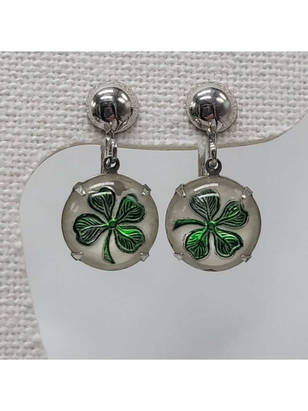 Vtg Green Four-Leaf Clover Screw Back Earrings Silver Tone Lucky Charm Jewelry